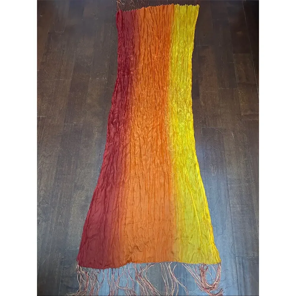 Vibrant Ombre Red-Orange Fringe Scarf, Lightweight Silky Crinkle Fabric